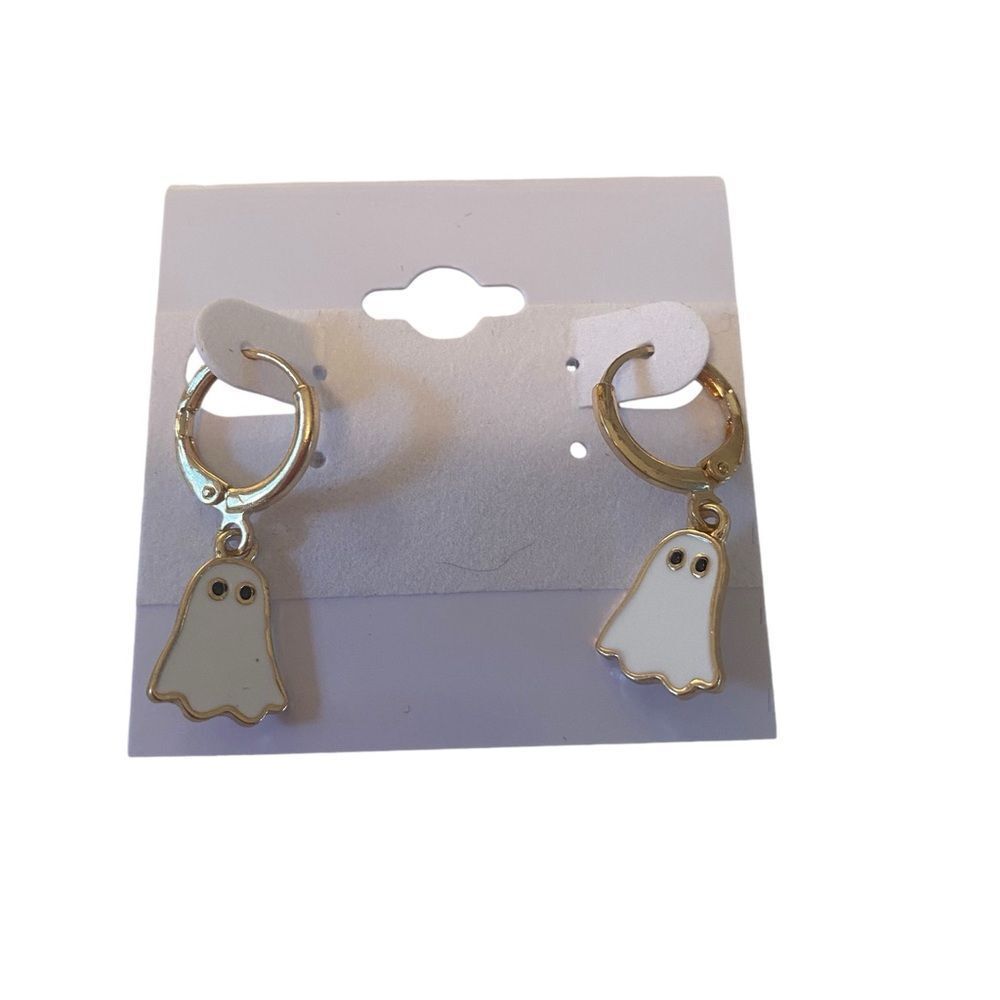 Adorable Small White & Gold Tone Ghost Dangle Earrings - Picture 5 of 6